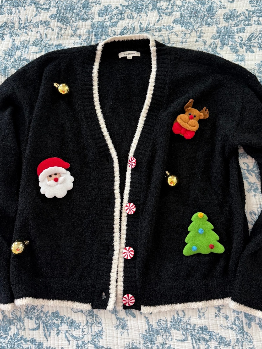 No Comment Black Holiday Embellished Cardigan Sweater